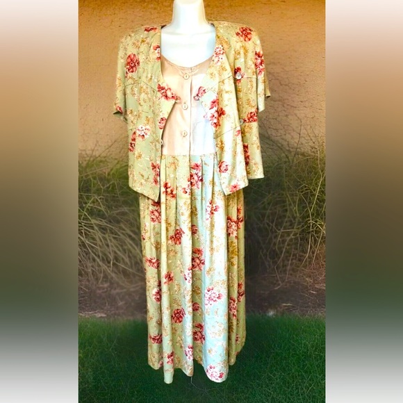 🌹KARIN STEVENS🌹 VTG FLORAL ATTACHED JACKET MULTI LOOKS PEARL BUTTON TEA DRESS - Picture 2 of 13